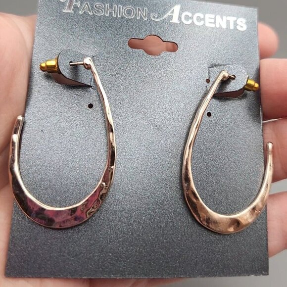 Rose Gold Hammered Hoop Earrings – Fashion Jewelry Statement Post Back New - Picture 2 of 7